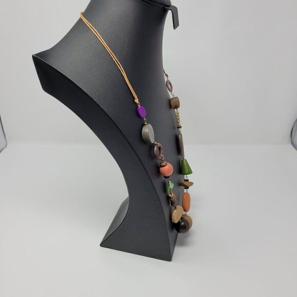 Artisan Primitive Tribal Multicolor Colored Wooden Opera Necklace 32" - Picture 5 of 7